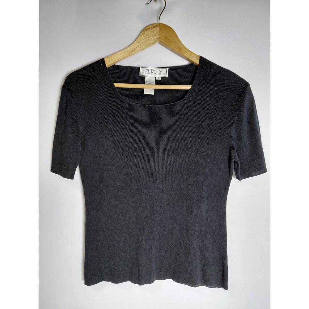 EURO-X Silk Black Top Solid Short Sleeve 100% Silk Women Size L